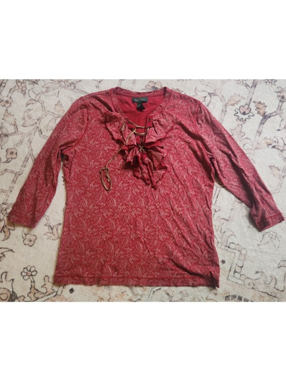 Lauren Ralph Lauren Women's Sz. M Red Leather Lace Up 3/4 Sleeve Top